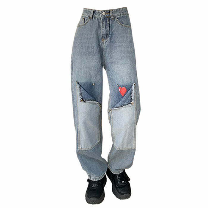 Trendy Early 2000s Pixel Heart Wide Jeans for Cyber Y2K Style and Roblox-Inspired Outfits