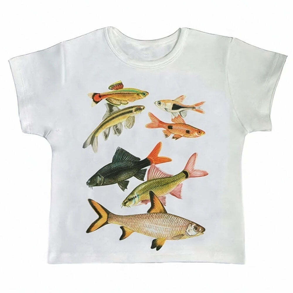 Trendy Fish Print Aesthetic Baby Tee - Y2K Style for Fashion-Forward Kids