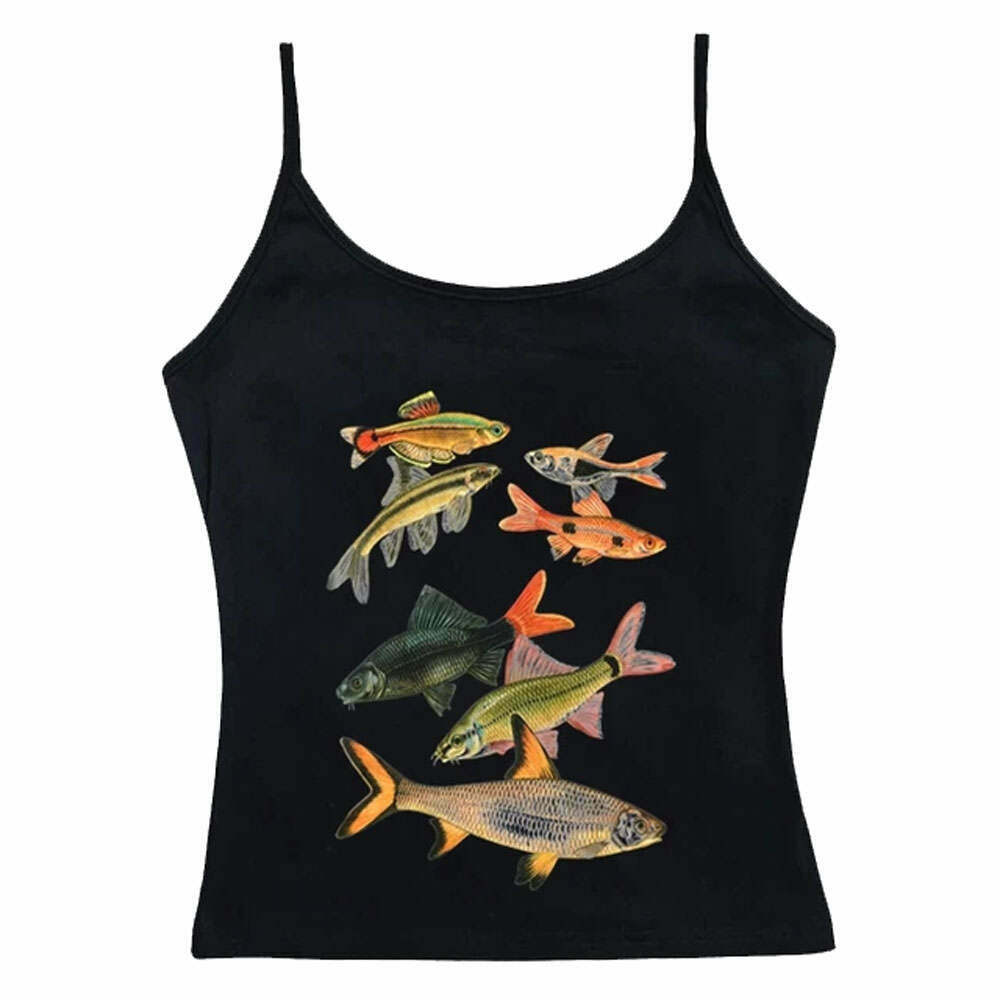 Trendy Fish Print Aesthetic Tank Top for Y2K Fashion Lovers - Grunge & Punk Style