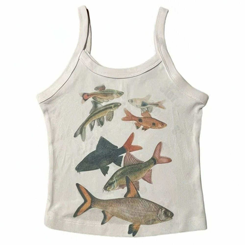 Trendy Fish Print Aesthetic Tank Top for Y2K Fashion Lovers - Grunge & Punk Style