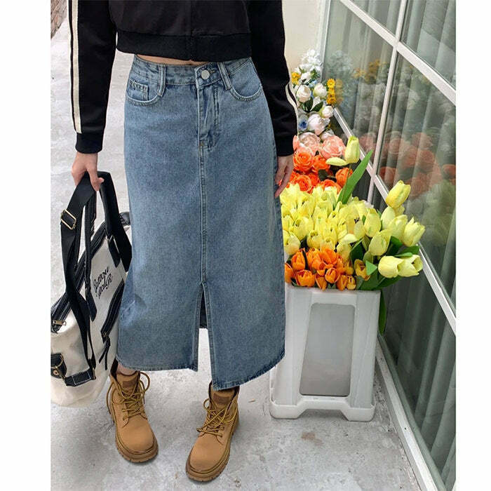 Trendy Fishtail Denim Skirt - Washed & Plaid Styles for Y2K Fashion Lovers