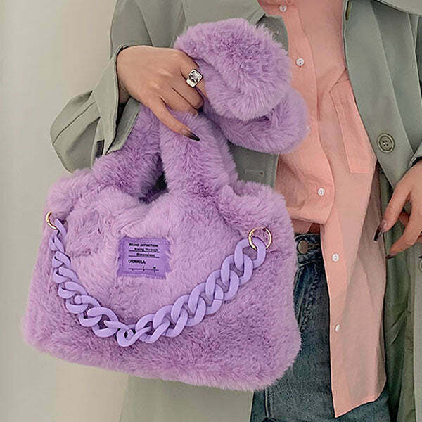 Trendy Fluffy Chain Shoulder Bag for Y2K Aesthetic Style and Fashionable Outfits