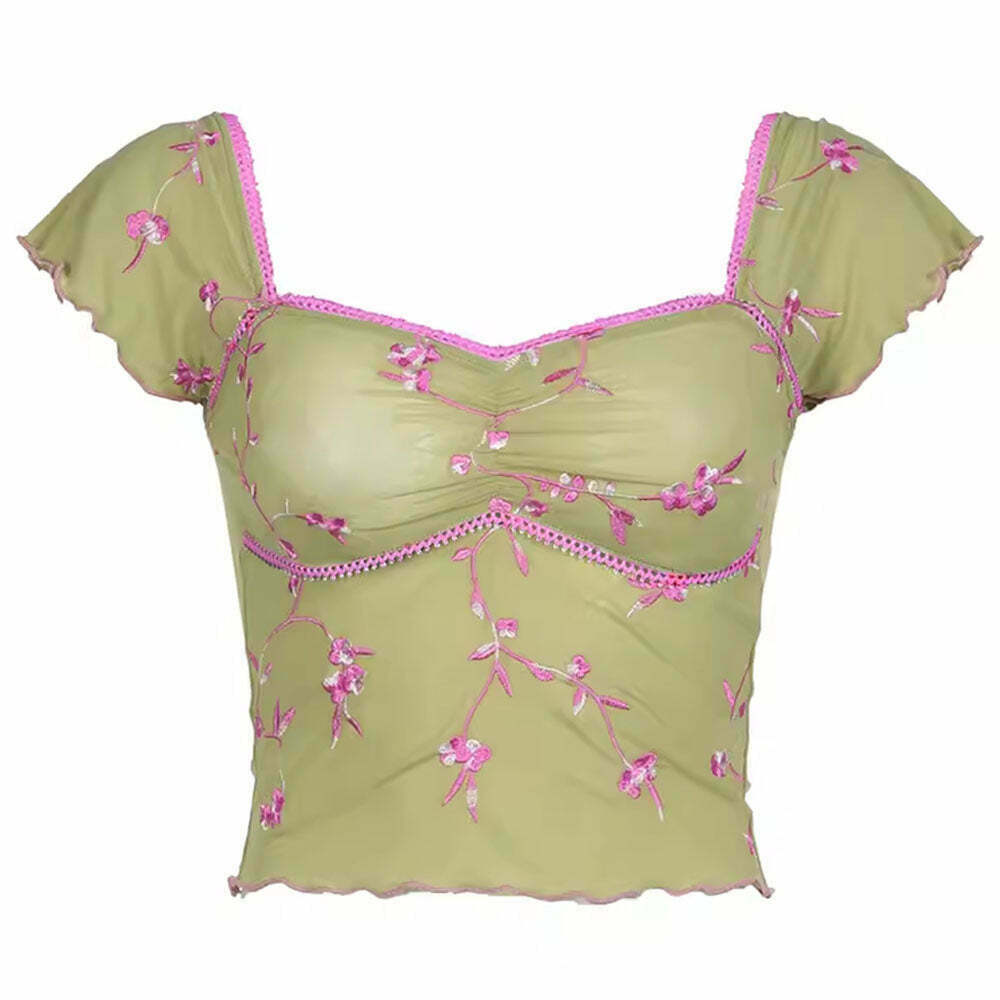 Trendy French Summer Floral Crop Top - Y2K Style for Retro Fashion Lovers