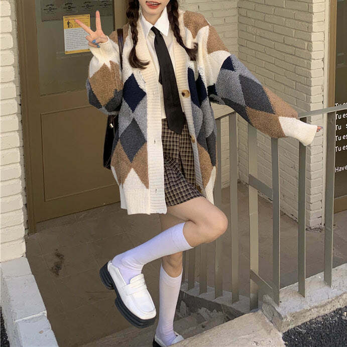 Trendy Grandma Aesthetic Argyle Cardigan for Y2K Fashion Lovers and Grunge Outfits