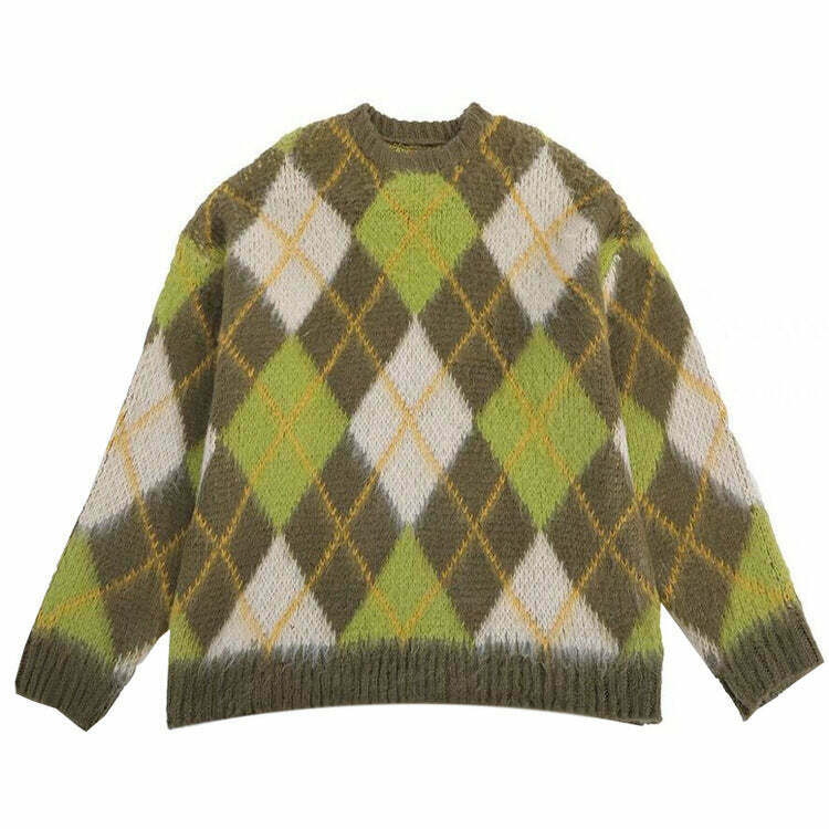 Trendy Green Argyle Sweater for Y2K Fashion Lovers - Stylish 2000s Inspired Outfit