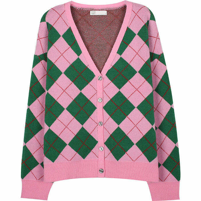 Trendy Green & Pink Argyle Cardigan - Y2K Grunge Fashion Essential for Stylish Outfits