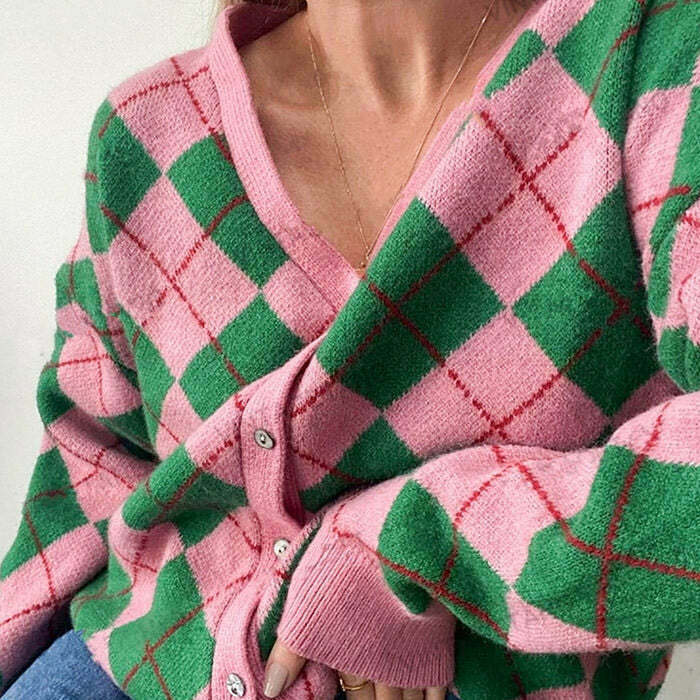 Trendy Green & Pink Argyle Cardigan - Y2K Grunge Fashion Essential for Stylish Outfits