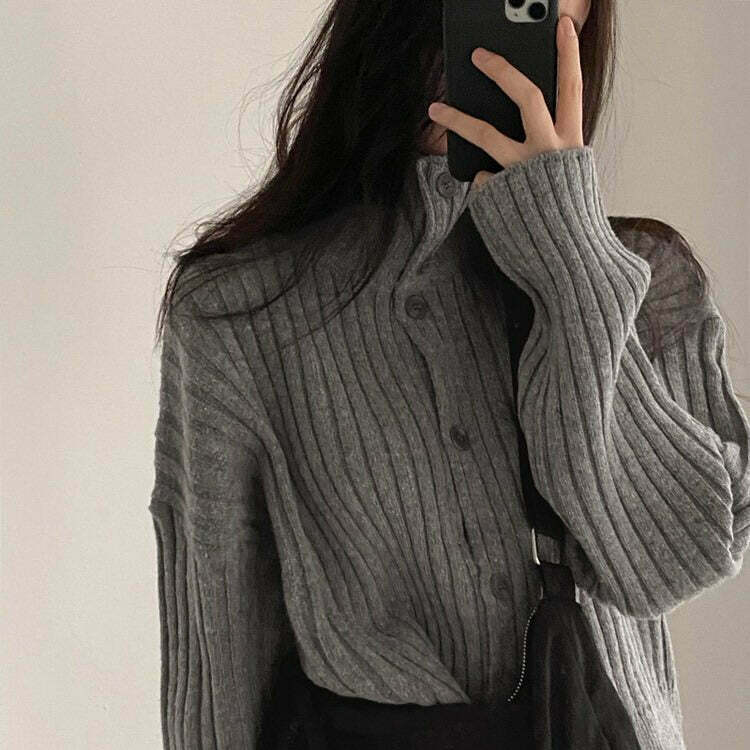 Trendy Grey Button Up Jumper for Y2K Fashion - Modern 90s Style Essential