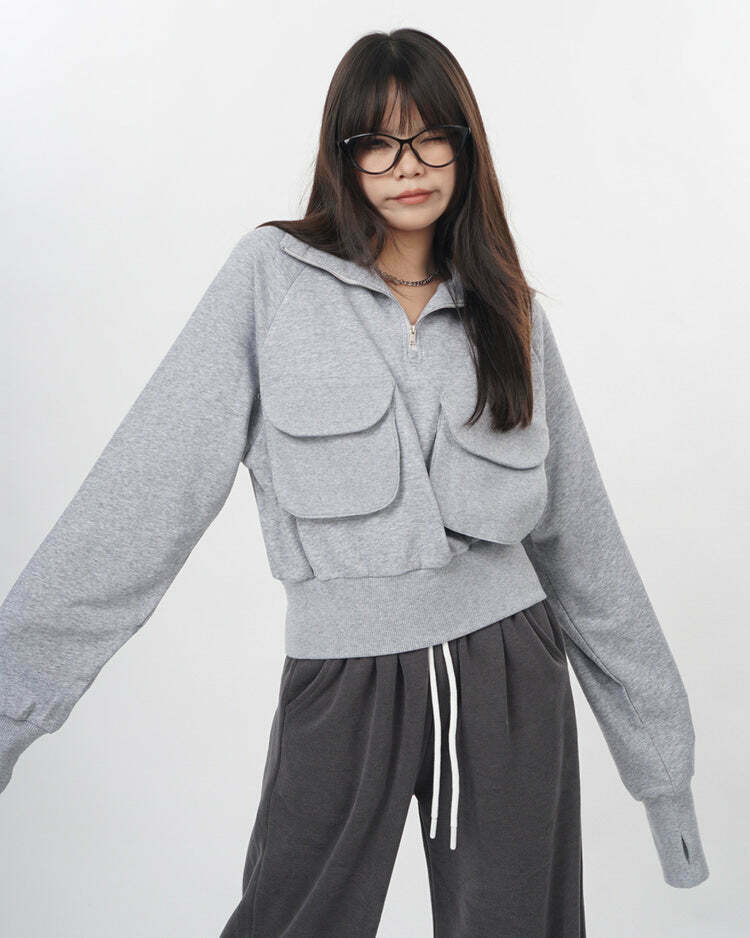 Trendy Grey Zip Up Sweatshirt for Y2K Fashion Lovers - Embrace 90s & Dark Aesthetic Styles