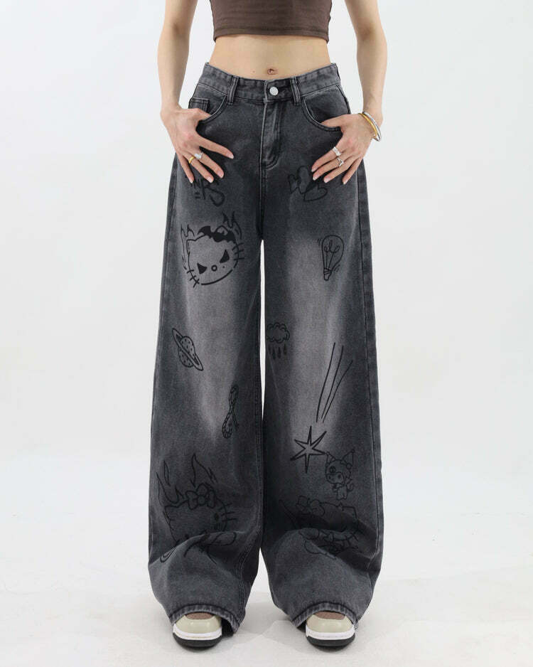 Trendy Grunge Aesthetic Cat Jeans for Y2K Style - Perfect for Fashion-Forward Outfits