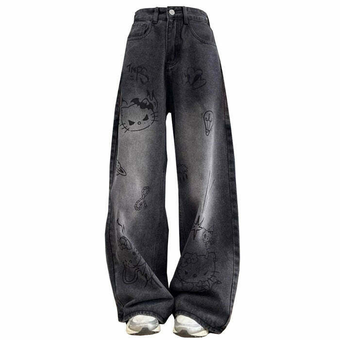 Trendy Grunge Aesthetic Cat Jeans for Y2K Style - Perfect for Fashion-Forward Outfits