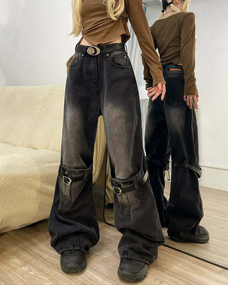 Trendy Grunge Aesthetic Knee Buckle Jeans for Y2K Fashion Lovers and Winter Style