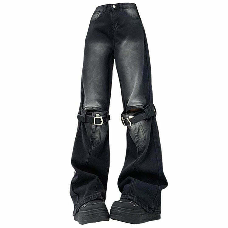 Trendy Grunge Aesthetic Knee Buckle Jeans for Y2K Fashion Lovers and Winter Style