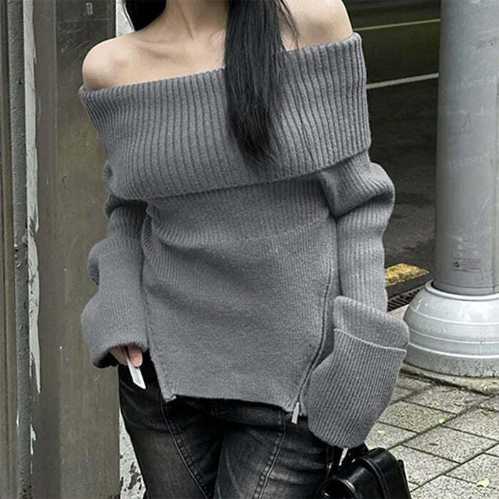 Trendy Grunge Off Shoulder Knit Sweater for Y2K Fashion Lovers and Stylish Outfits