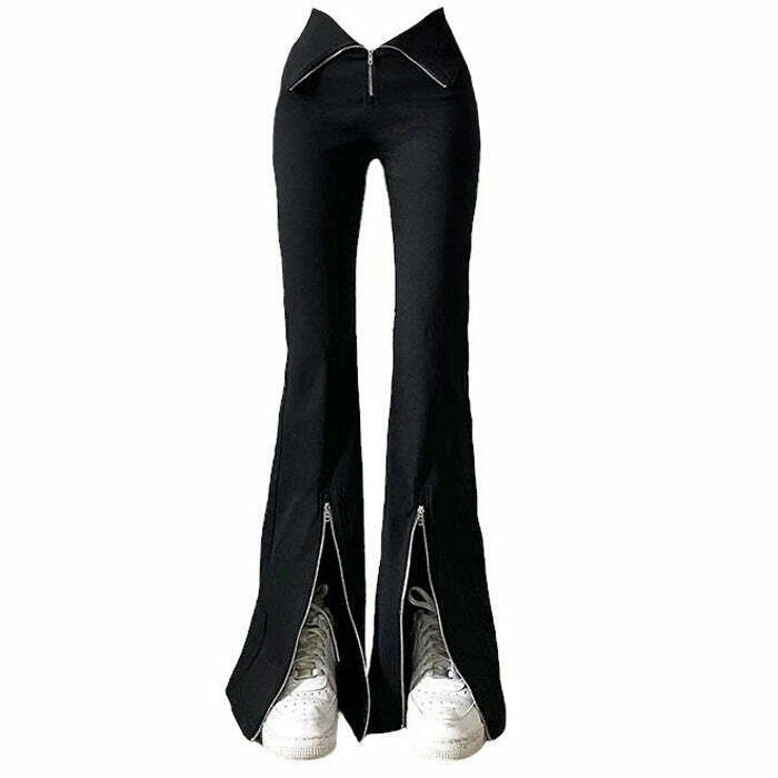 Trendy Grunge Zip Up Flared Pants for Y2K Style - Perfect for 2000s Outfits and Fashion