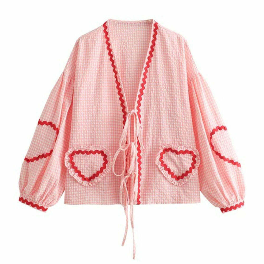 Trendy Hearts Gingham Top with Bow Closure - Y2K Style for Fashion-Forward Looks