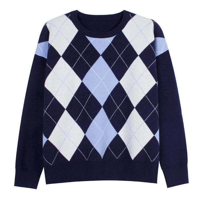 Trendy High School Argyle Jumper for Y2K Fashion - Stylish Winter Outfit in Brown