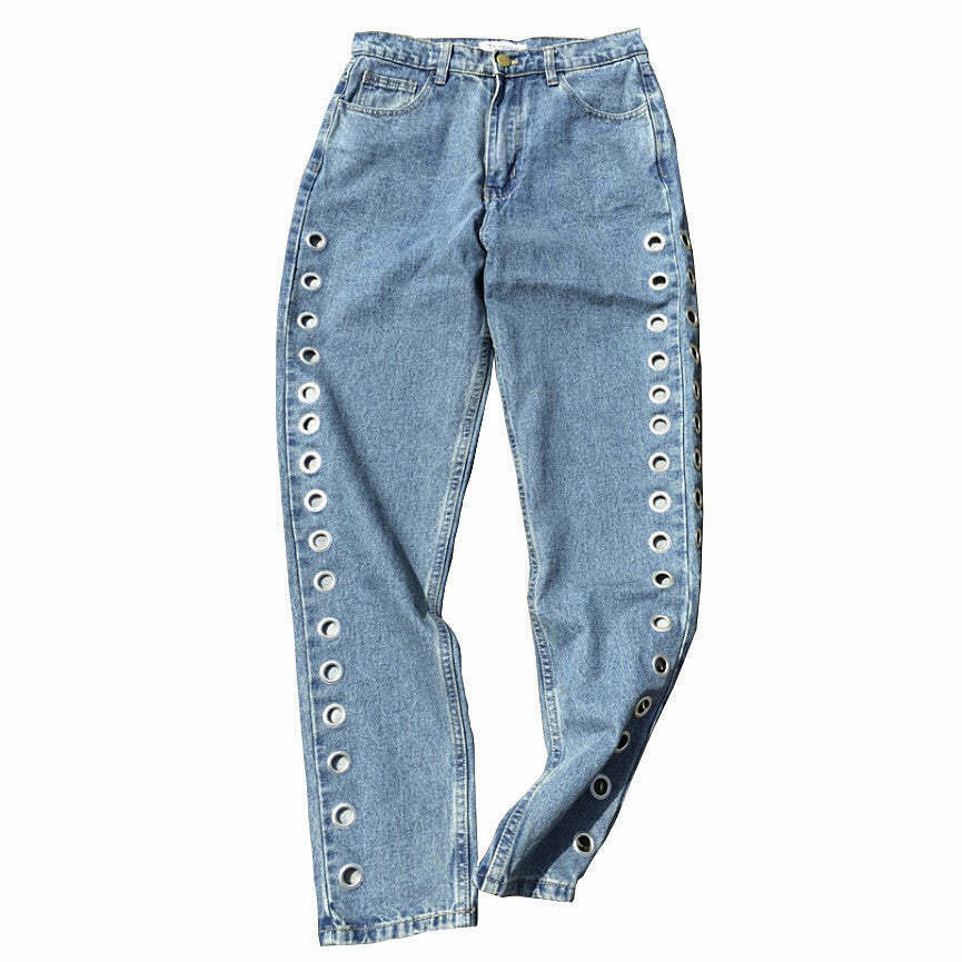 Trendy Holed Up Grommet Jeans for Y2K Fashion Icons - Perfect for Grunge and Baddie Styles