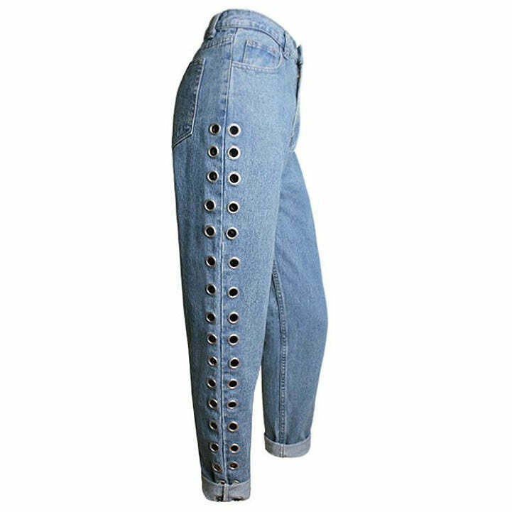 Trendy Holed Up Grommet Jeans for Y2K Fashion Icons - Perfect for Grunge and Baddie Styles