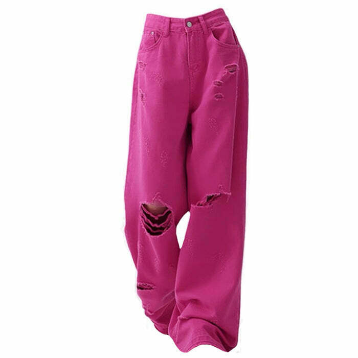 Trendy Kids Pink Star Ripped Baggy Jeans - Y2K Style for Fashion-Forward Kids