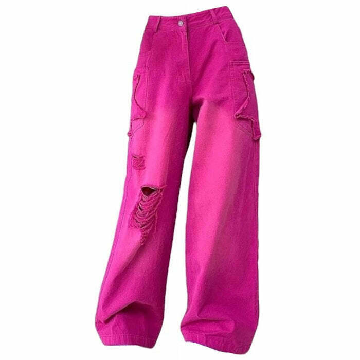 Trendy Kids Pink Star Ripped Baggy Jeans - Y2K Style for Fashion-Forward Kids