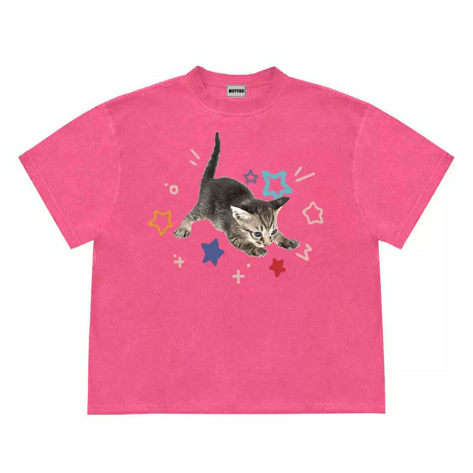 Trendy Kitten and Stars T-Shirt for Y2K Fashion Lovers - Perfect for Parties and Everyday Wear