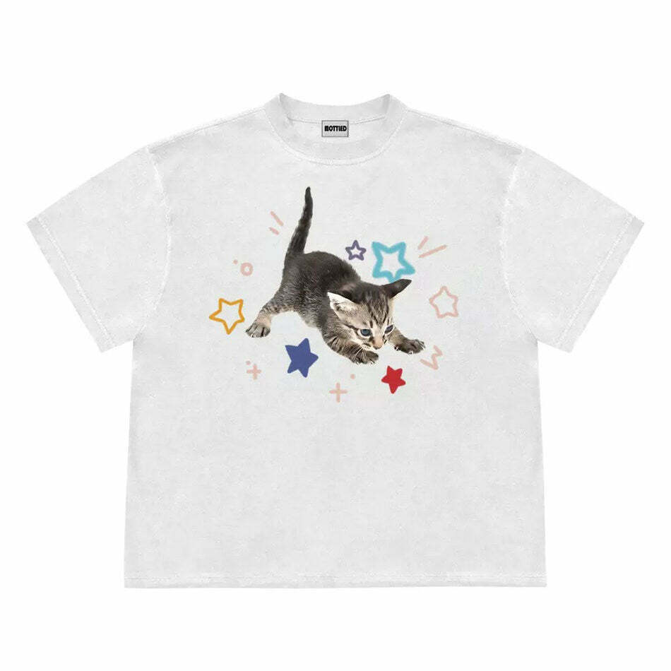 Trendy Kitten and Stars T-Shirt for Y2K Fashion Lovers - Perfect for Parties and Everyday Wear