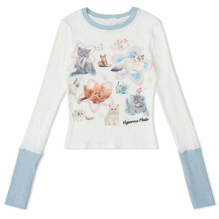 Trendy Kitty Long Sleeve Top - Y2K Streetwear Inspired by 90s Grunge & K-Pop Fashion