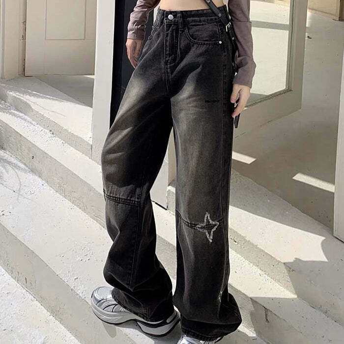 Trendy Knee Star Black Jeans for Y2K Style - Perfect for Grunge and Casual Outfits