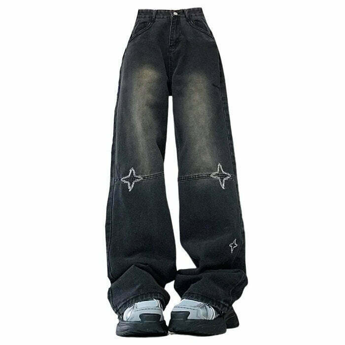 Trendy Knee Star Black Jeans for Y2K Style - Perfect for Grunge and Casual Outfits