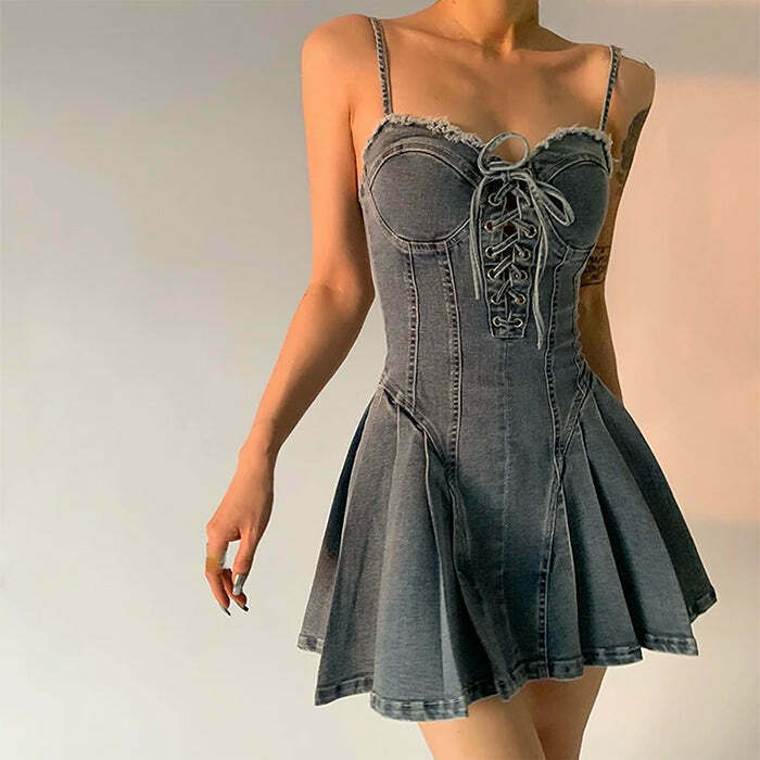 Trendy Lace Up Denim Dress for Y2K Style: Perfect for Grunge and Street Fashion Lovers