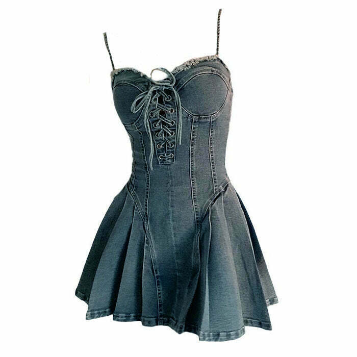 Trendy Lace Up Denim Dress for Y2K Style: Perfect for Grunge and Street Fashion Lovers