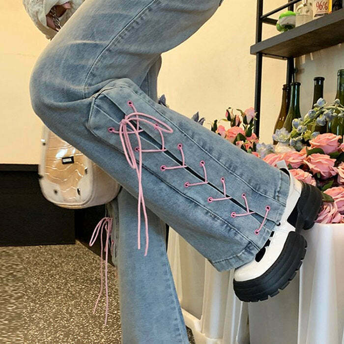 Trendy Lace Up Flared Jeans for Y2K Style: Perfect for Preppy and Grunge Outfits