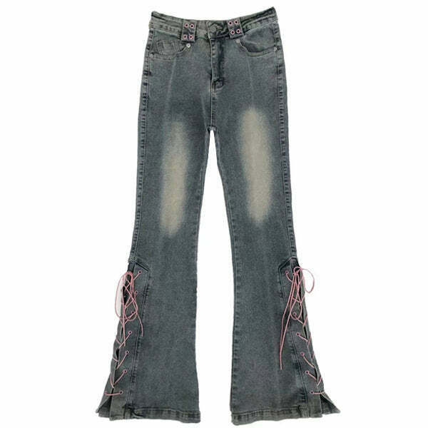 Trendy Lace Up Flared Jeans for Y2K Style: Perfect for Preppy and Grunge Outfits