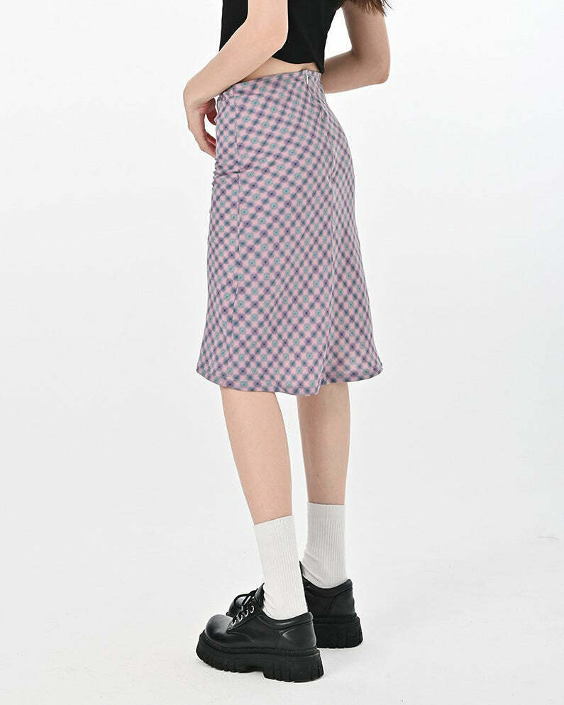 Trendy Lavender Plaid Midi Skirt for Y2K Grunge Fashion & Modern Style Outfits