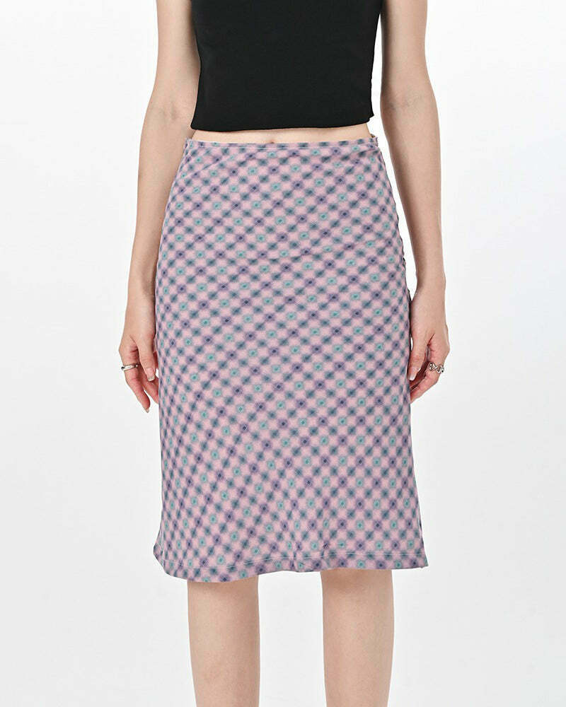 Trendy Lavender Plaid Midi Skirt for Y2K Grunge Fashion & Modern Style Outfits