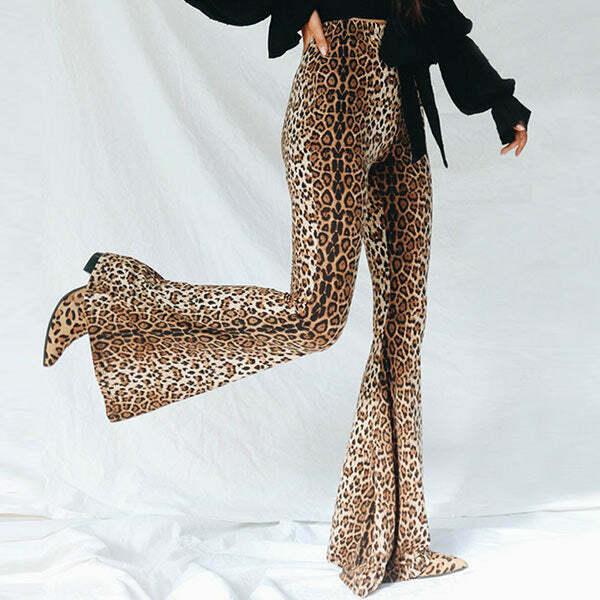 Trendy Leopard Flared Trousers for Y2K Fashion Lovers - Perfect for Grunge and Retro Outfits