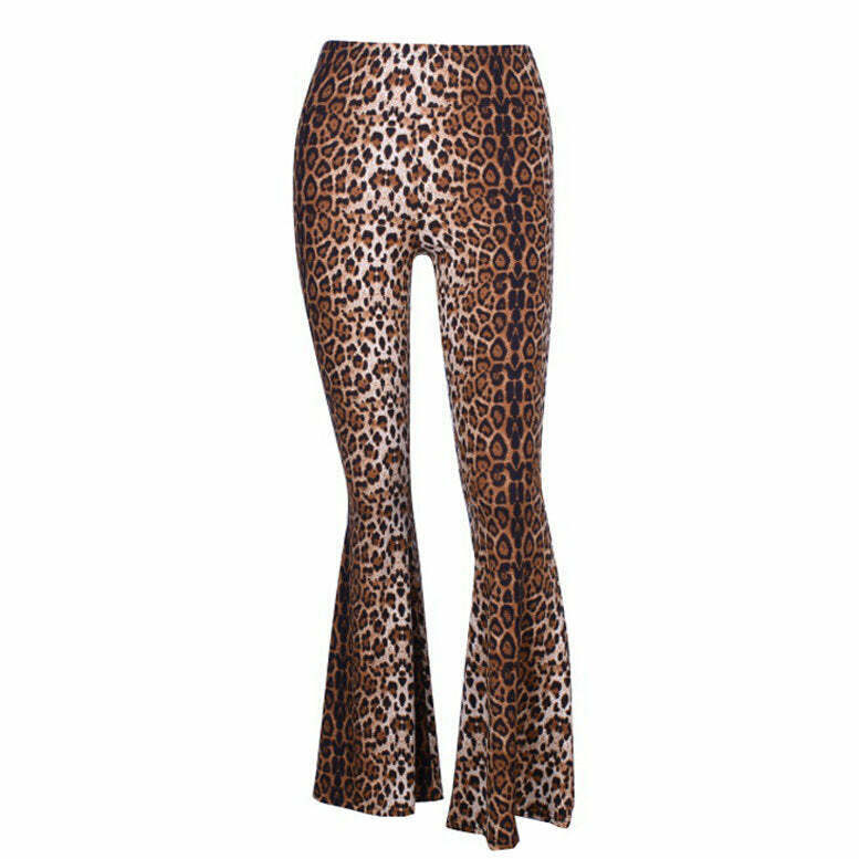 Trendy Leopard Flared Trousers for Y2K Fashion Lovers - Perfect for Grunge and Retro Outfits