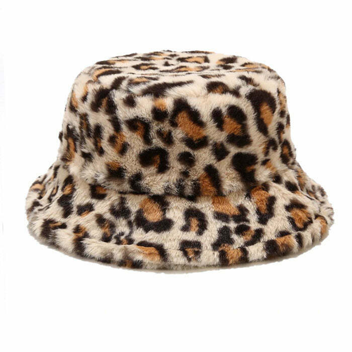 Trendy Leopard Fluffy Bucket Hat for Y2K Fashion Lovers - Perfect for Grunge and Party Looks