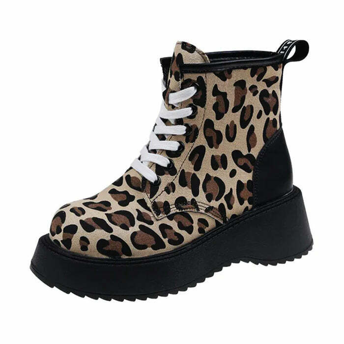 Trendy Leopard Lace Up Boots for Y2K Style Enthusiasts - Fashionable Footwear for Men