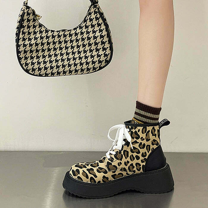 Trendy Leopard Lace Up Boots for Y2K Style Enthusiasts - Fashionable Footwear for Men