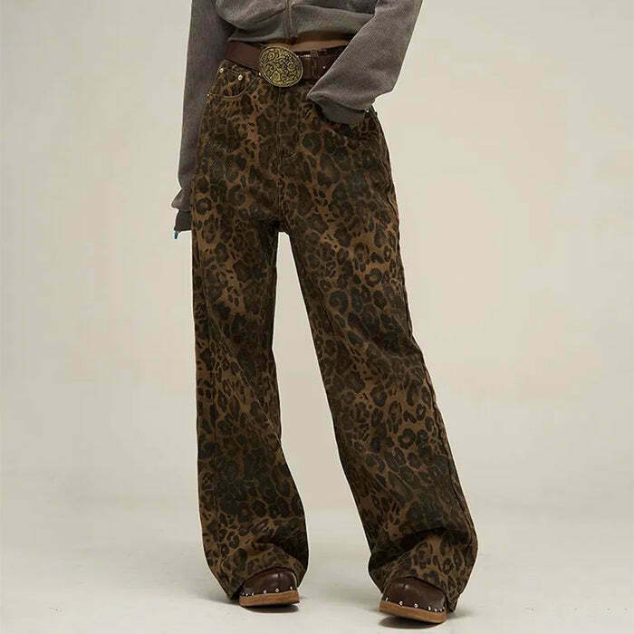 Trendy Leopard Wide Leg Jeans for Y2K Punk Style and Comfy Outfits