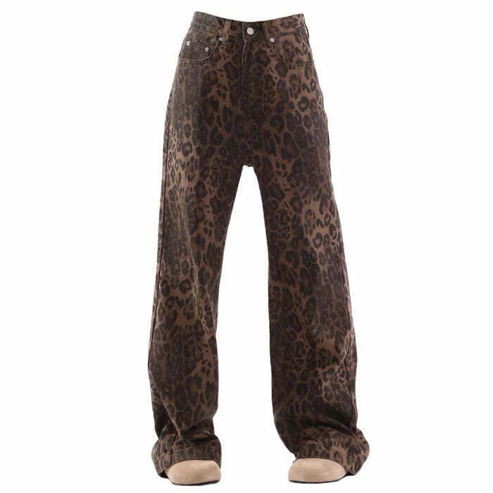 Trendy Leopard Wide Leg Jeans for Y2K Punk Style and Comfy Outfits