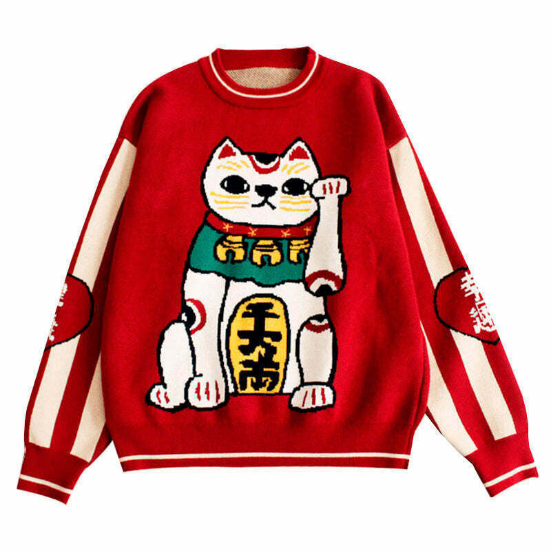 Trendy Maneki Neko Sweater for Y2K Fashion Lovers - Dark Grunge & Retro Style