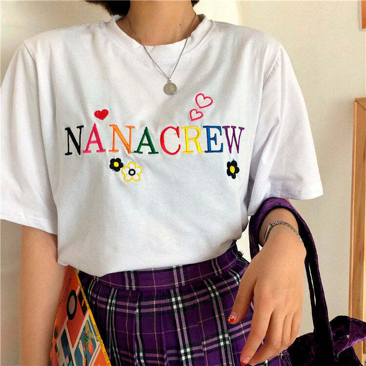 Trendy Nana Crew T-Shirt in Pink - Y2K Fashion for Clubbing & Casual Outfits