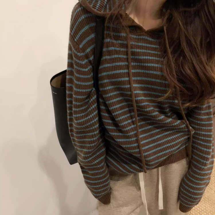 Trendy New Student Striped Knit Hoodie - Y2K Grunge Style for Modern Fashion Enthusiasts