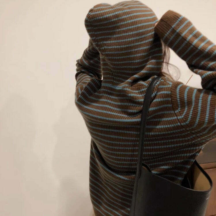 Trendy New Student Striped Knit Hoodie - Y2K Grunge Style for Modern Fashion Enthusiasts