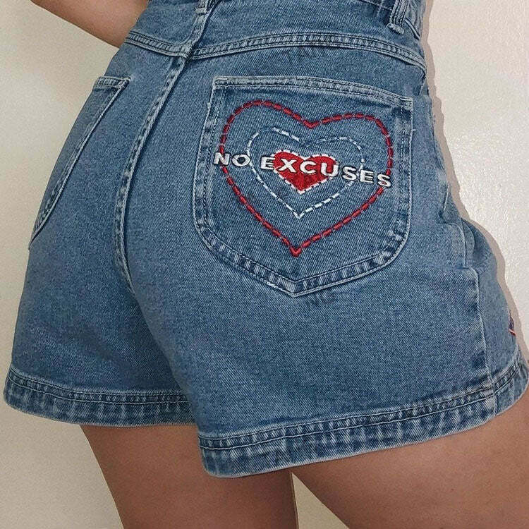 Trendy No Excuses Embroidery Denim Shorts for Y2K Grunge and Cyber Fashion Lovers