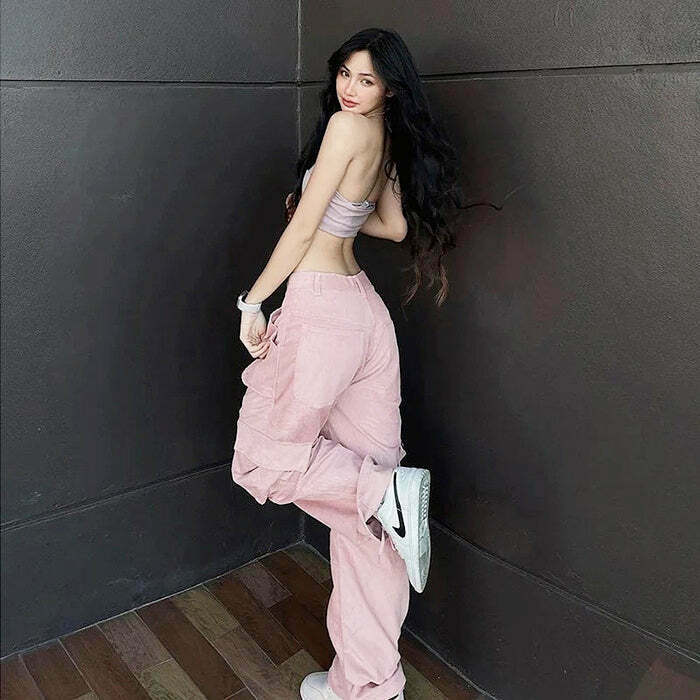 Trendy Pastel Pink Cargo Pants for Y2K Fashion Lovers - Stylish Grunge & Work Outfits