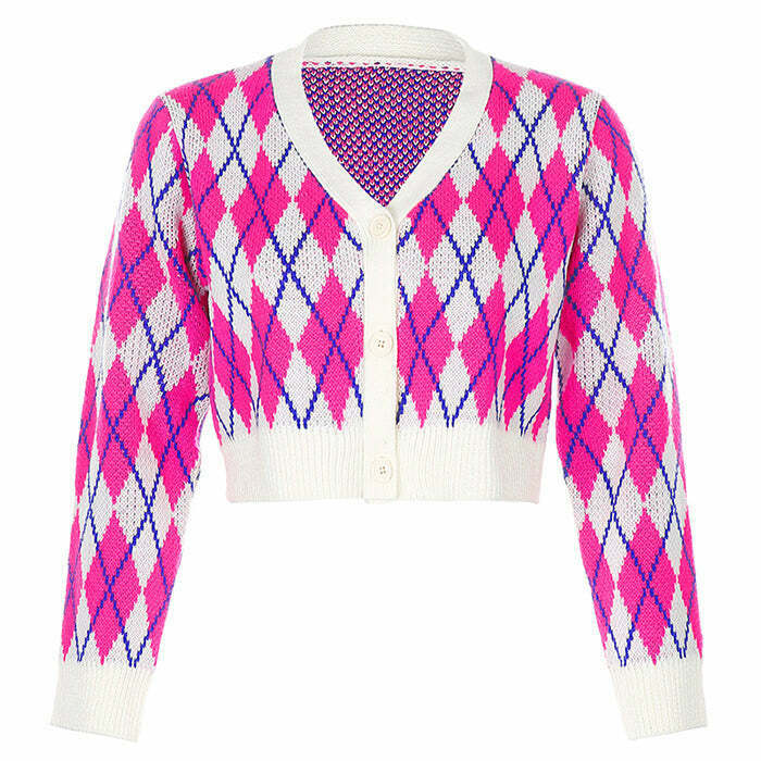 Trendy Pink Argyle Check Cardigan for Y2K Style Aesthetic and Cyber Fashion Outfits